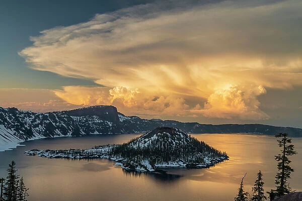 Storm Clouds over Wizard Island, Crater Lake National Park, Oregon, USA