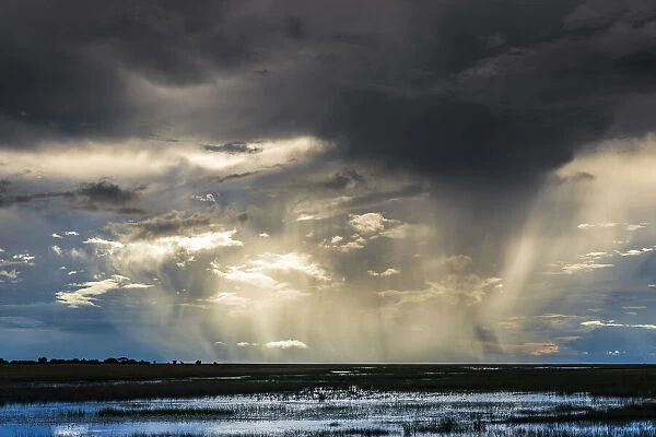Storm and rain clouds over grassland at sunset, Liuwa Plain National Park, Zambia