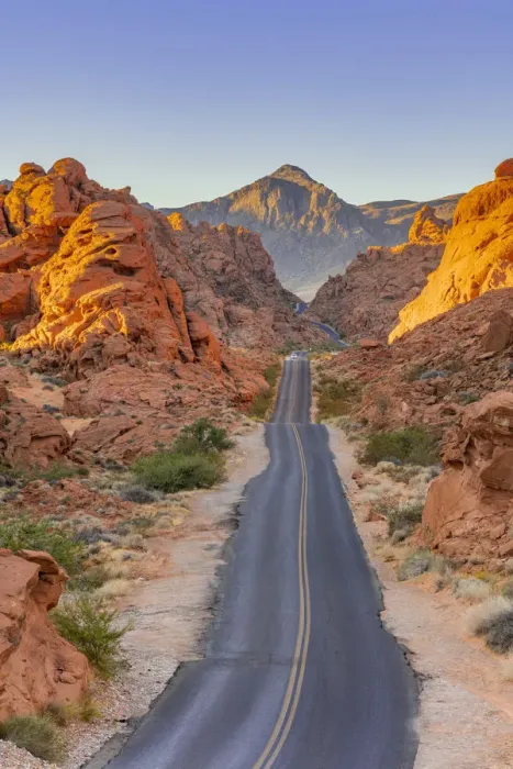 Framed Print : Straight road between red rocks at sunrise, Valley of Fire State Park, Nevada Framed Print : Straight road between red rocks at sunrise, Valley of Fire State Park, Nevada