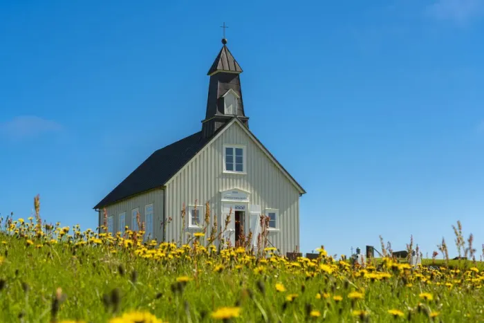 Framed Print : Strandarkirkja church on sunny day, Selvogur, Reykjanes Peninsula, Iceland Framed Print : Strandarkirkja church on sunny day, Selvogur, Reykjanes Peninsula, Iceland
