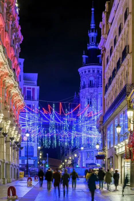 Framed Print : Street adorned with Christmas lights in Madrid, Spain Framed Print : Street adorned with Christmas lights in Madrid, Spain