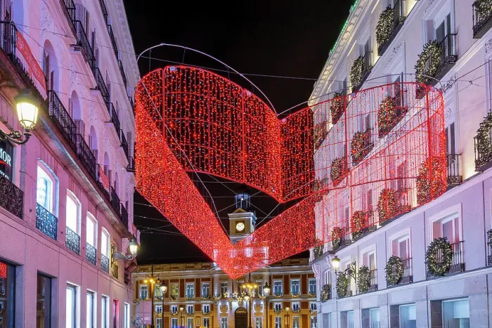 Framed Print : Street adorned with Christmas lights near Puerta del Sol, Madrid, Spain