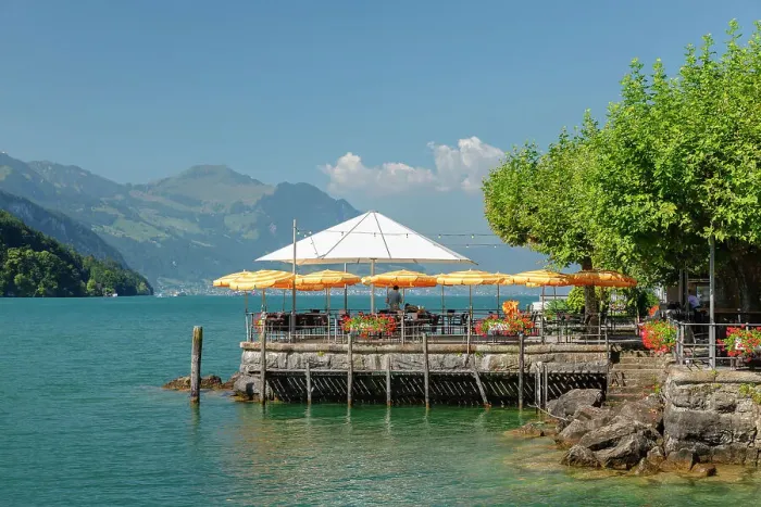 Framed Print : Street cafe in Brunnen at the promenade at Lake Lucerne, Canton Schwyz, Switzerland Framed Print : Street cafe in Brunnen at the promenade at Lake Lucerne, Canton Schwyz, Switzerland