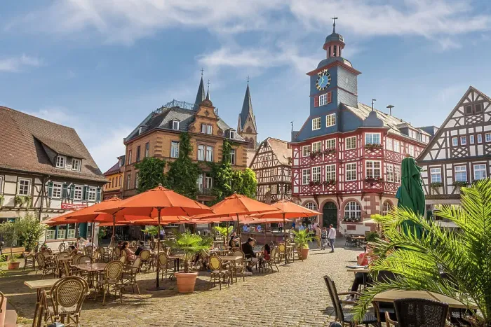 Framed Print : Street cafe and historic half-timbered houses on the market square of Heppenheim, southern Hesse, Hesse, Germany