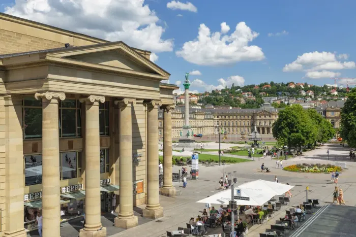 Framed Print : Street cafe at Konigsbau, Schlossplatz square with Neues Schloss Castle, Stuttgart, Baden-Wurttemberg, Germany Framed Print : Street cafe at Konigsbau, Schlossplatz square with Neues Schloss Castle, Stuttgart, Baden-Wurttemberg, Germany