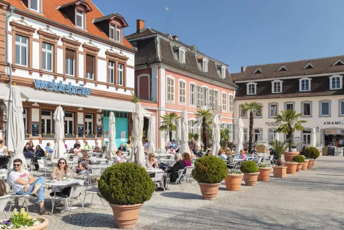 Framed Print : Street cafe at the market square Schwetzingen, Baden-Wurttemberg, Germany