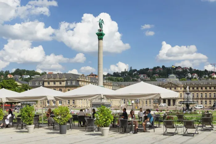 Framed Print : Street cafe at Schlossplatz square with Neues Schloss Castle, Stuttgart, Baden-Wurttemberg, Germany