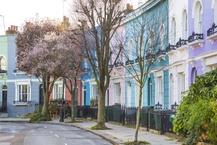 Framed Print : Street of colourful houses, Kentish Town, London, England, UK