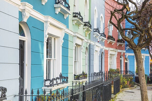Street of colourful houses, Kentish Town, London, England, UK