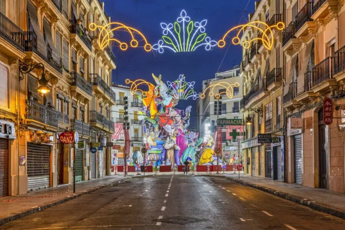 Framed Print : Street with Falla sculpture in the background, Valencia, Valencian Community, Spain Framed Print : Street with Falla sculpture in the background, Valencia, Valencian Community, Spain