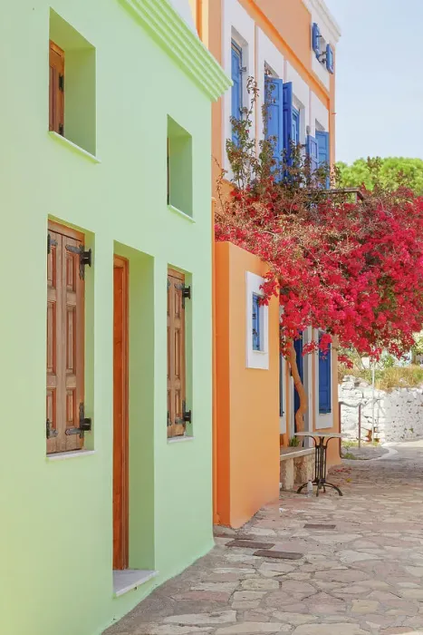 Framed Print : Street filled with Halki traditional houses, Halki Island, Dodecanese Islands, Greece Framed Print : Street filled with Halki traditional houses, Halki Island, Dodecanese Islands, Greece