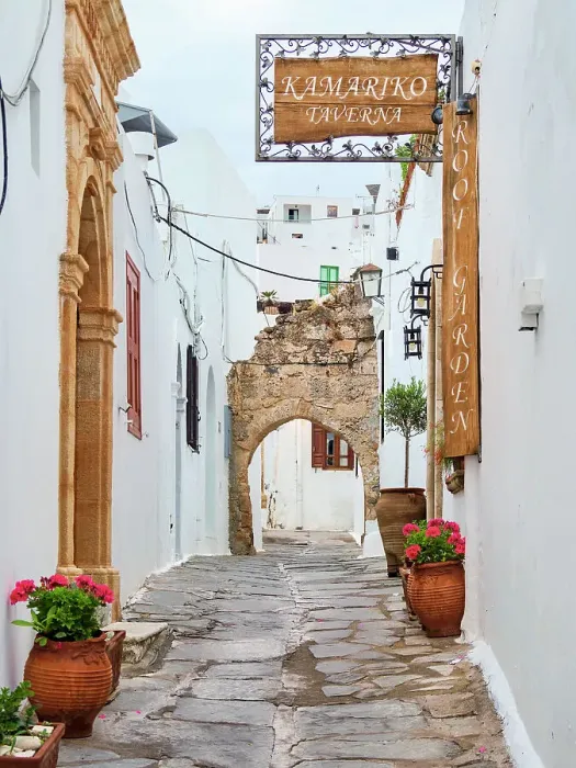 Framed Print : Street of Lindos Village, Rhodes Island, Dodecanese, Greece