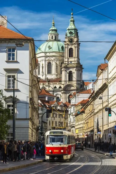 Framed Print : Street in Mala Strana district with tram and St. Nicholas Church in the background Framed Print : Street in Mala Strana district with tram and St. Nicholas Church in the background