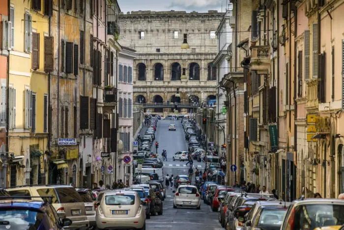 Framed Print : Street in Monti district with Colosseum in the background, Rome, Lazio, Italy Framed Print : Street in Monti district with Colosseum in the background, Rome, Lazio, Italy