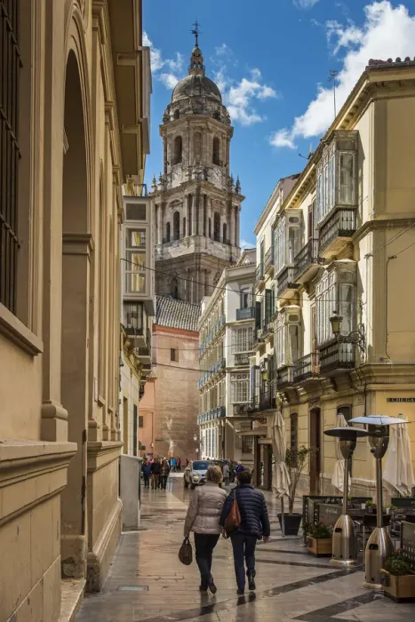 Framed Print : Street in the old town with Cathedral in the background, Malaga, Andalusia, Spain