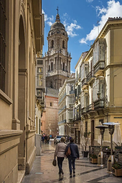 Street in the old town with Cathedral in the background, Malaga, Andalusia, Spain