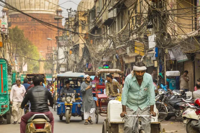 Framed Print : Street scene, Chawri Bazar and Jama Masjid Mosque, Old Delhi, India Framed Print : Street scene, Chawri Bazar and Jama Masjid Mosque, Old Delhi, India
