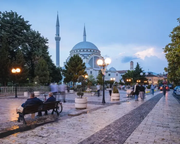 Framed Print : Street scene with Exterior of Xhamia e Madhe Mosque in background, Old Town, Shkodra Framed Print : Street scene with Exterior of Xhamia e Madhe Mosque in background, Old Town, Shkodra