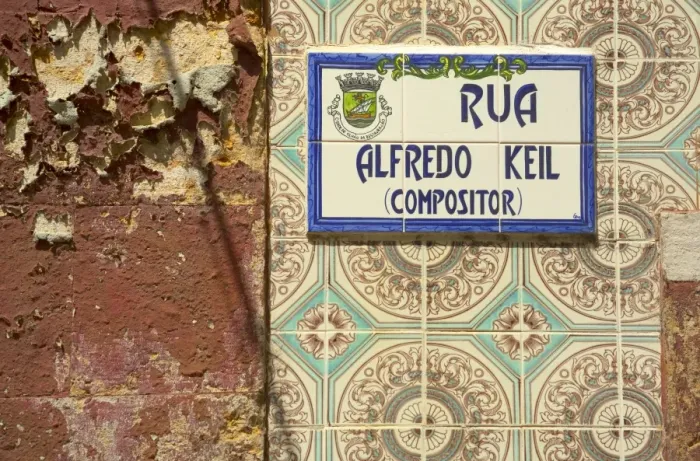 Framed Print : Street sign (Alfredo Keil composer) Olhao, Algarve, Portugal