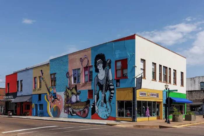 Framed Print : Street view of colourful buidings, Clarksdale, Mississippi, USA Framed Print : Street view of colourful buidings, Clarksdale, Mississippi, USA