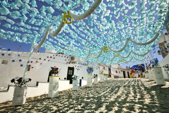 Framed Print : Streets decorated with paper flowers. People festivities (Festas do Povo). Campo Maior