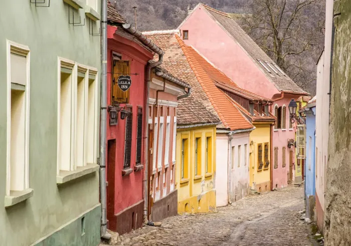 Framed Print : Streets of the medieval town Sighisoara, Transylvania, Romania Framed Print : Streets of the medieval town Sighisoara, Transylvania, Romania