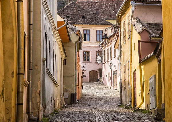 Streets of the medieval town Sighisoara, Transylvania, Romania