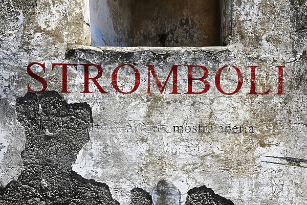 Stromboli lettering on old facade, island of Stromboli, Aeolian, or Aeolian Islands