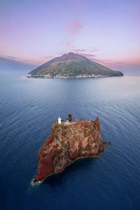 Framed Print : Stromboli volcano with the island of Strombolicchio and the lighthouse, Stromboli island, UNESCO World Heritage Site, Aeolian Islands, Sicily, Italy