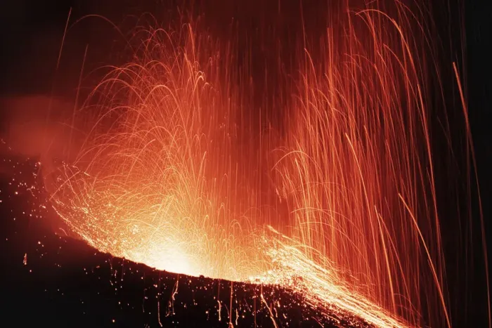 Framed Print : Strombolian volcano eruption at Stromboli - Italy, Sicily, Messina, Eolian Islands