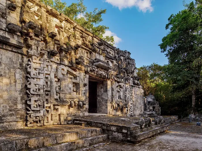Framed Print : Structure II, monster mouth temple at sunset, Central Plaza, Chicanna Archaeological Site, Campeche State, Mexico