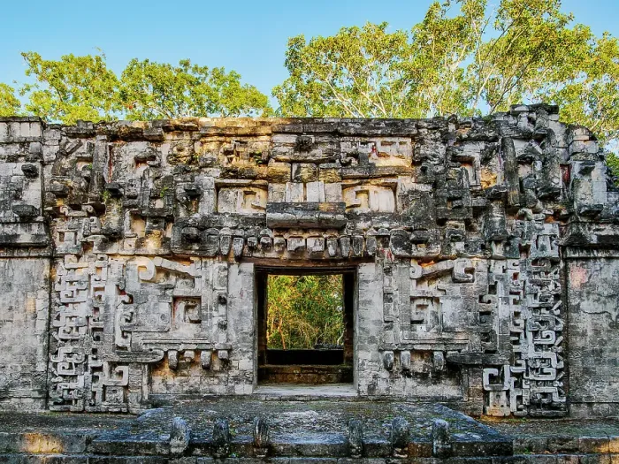 Framed Print : Structure II, monster mouth temple at sunset, Central Plaza, Chicanna Archaeological Site, Campeche State, Mexico