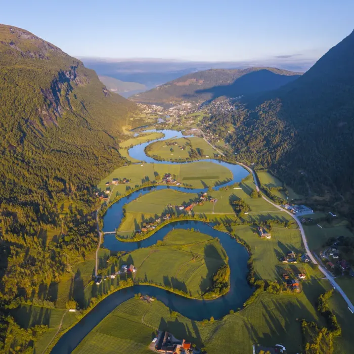 Framed Print : Stryn, Sogn og Fjordane, Norway. Aerial view of the winding river Framed Print : Stryn, Sogn og Fjordane, Norway. Aerial view of the winding river