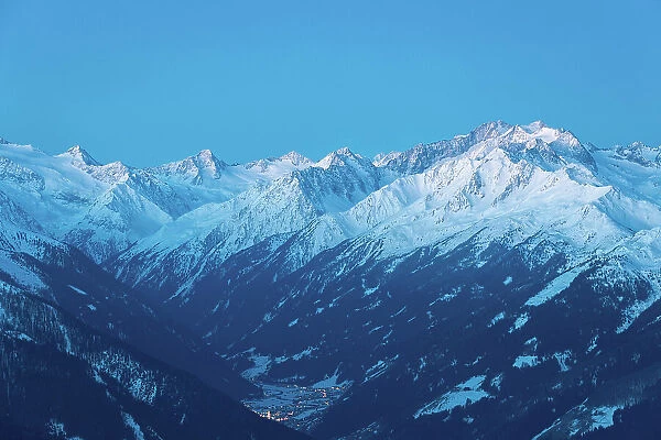The Stubai Alps and Neustift im Stubaital as seen from the Patscherkofel mountain on an early winter morning, Innsbruck Land, Tyrol, Austria, Europe