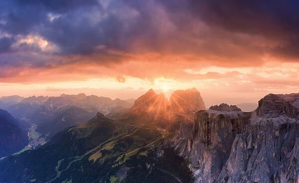 Stunning sunset on Sassolungo group. Fassa Valley, Trentino, Dolomites, Italy, Europe
