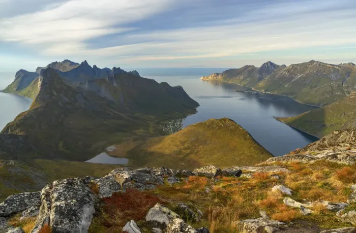 Framed Print : Stunning view from mountains in Lofoten Islands, Norway Framed Print : Stunning view from mountains in Lofoten Islands, Norway