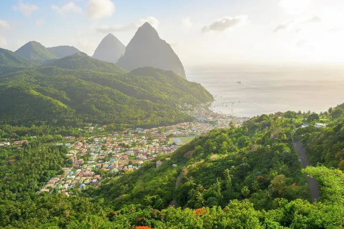 Framed Print : Stunning view of the Pitons (Petit Piton & Gros Piton) from an elevated viewpoint with the rainforest and bay of Soufriere in the foreground. Soufriere, Saint Lucia Framed Print : Stunning view of the Pitons (Petit Piton & Gros Piton) from an elevated viewpoint with the rainforest and bay of Soufriere in the foreground. Soufriere, Saint Lucia
