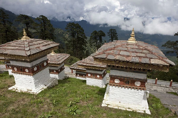 Stupas or chortens at the Dochu La Pass in the Himalayan Kingdom of Bhutan