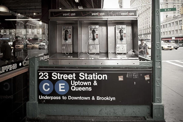 Subway station and phone booths, Manhattan, New York City, USA