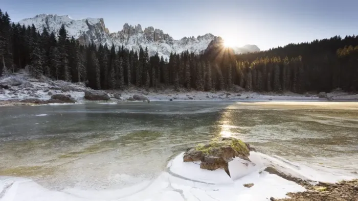 Framed Print : a suggestive sunset at Karersee where the last sun reflected on the iced lake, Bolzano province Framed Print : a suggestive sunset at Karersee where the last sun reflected on the iced lake, Bolzano province