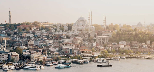 Suleymaniye Mosque and panorama at sunset from Galata tower, high point of view. Istanbul
