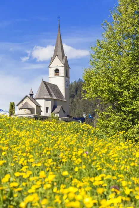 Framed Print : Summer flowering at the traditional church of Davos Wiesen, Parc Ela, Prettigau / Davos Framed Print : Summer flowering at the traditional church of Davos Wiesen, Parc Ela, Prettigau / Davos
