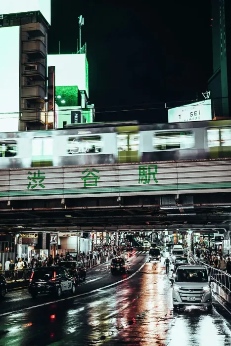 Framed Print : Summer night in Shibuya Tokyo, train and taxis full of tourists Framed Print : Summer night in Shibuya Tokyo, train and taxis full of tourists