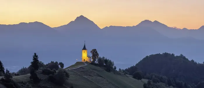 Framed Print : Summer sunrise over Church of St. Primoz, Jamnik, Slovenia Framed Print : Summer sunrise over Church of St. Primoz, Jamnik, Slovenia