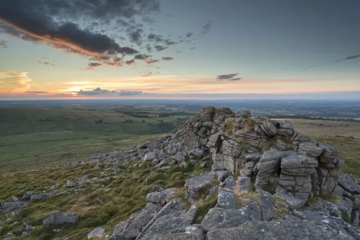 Framed Print : Summer sunset over Dartmoor National Park, Devon, England. Summer (July)