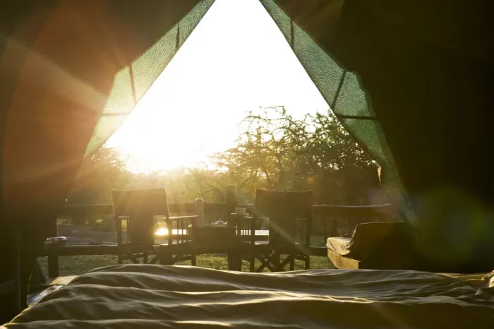 Framed Print : Sun rises into safari tent, from the bed, Tanzania Framed Print : Sun rises into safari tent, from the bed, Tanzania