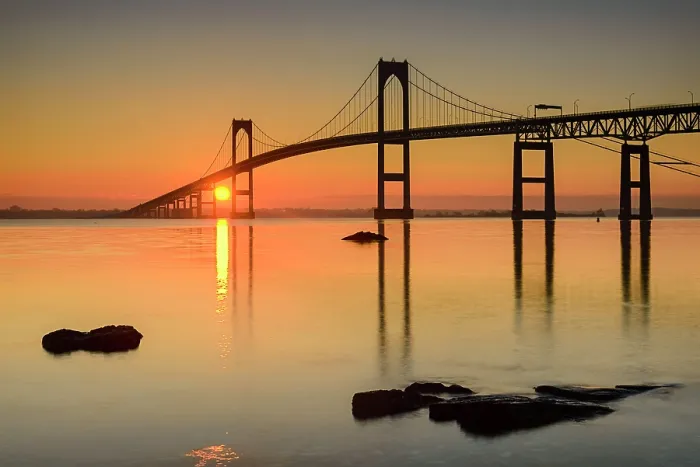 Framed Print : Sun rising at Clairborne Pell Bridge on Narragansett Bay, Jamestown, Rhode Island, USA Framed Print : Sun rising at Clairborne Pell Bridge on Narragansett Bay, Jamestown, Rhode Island, USA
