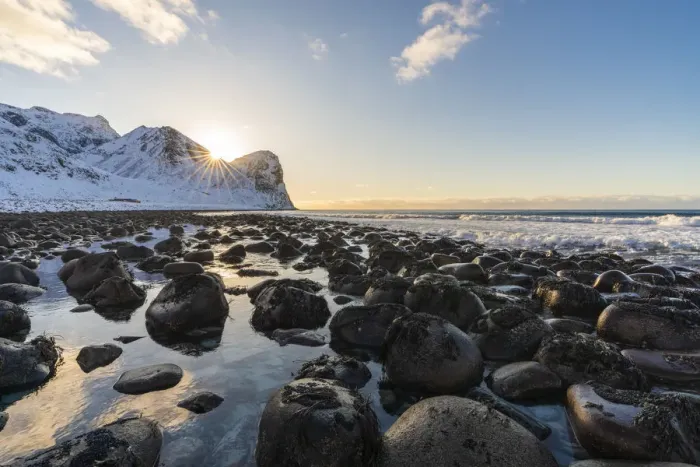 Framed Print : The sun is setting behind Helligberget peak at Unstad Beach. Vestvagoy municipality Framed Print : The sun is setting behind Helligberget peak at Unstad Beach. Vestvagoy municipality