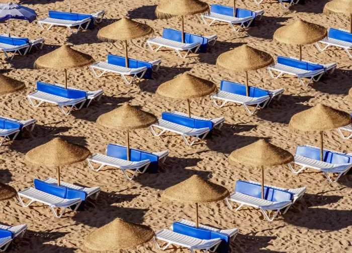 Framed Print : Sunbeds at Paneco Beach, elevated view, Albufeira, Algarve, Portugal Framed Print : Sunbeds at Paneco Beach, elevated view, Albufeira, Algarve, Portugal