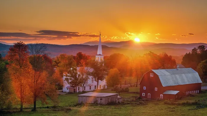 Framed Print : Sunburst over white-steeple church and red barn at sunrise, Green Mountains, Peacham, Vermont, USA Framed Print : Sunburst over white-steeple church and red barn at sunrise, Green Mountains, Peacham, Vermont, USA